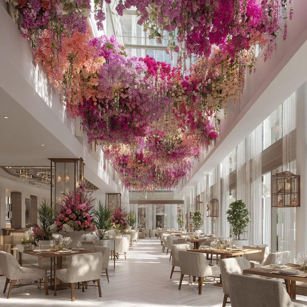 Plafond de restaurant couvert d'une cascade de fleurs roses et pêche au-dessus des tables dressées